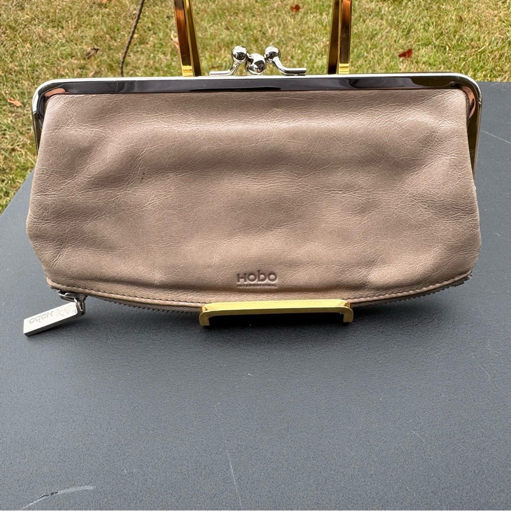 Hobo International Wallet Clutch In Gray Or Taupe Color With Lot Of Compartment